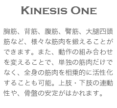 Kinesis One 胸筋、背筋、腹筋、臀筋、大腿四頭筋など、様々な筋肉を鍛えることができます。また、動作の組み合わせを変えることで、単独の筋肉だけでなく、全身の筋肉を相乗的に活性化することも可能。上肢・下肢の連動性や、骨盤の安定がはかれます。