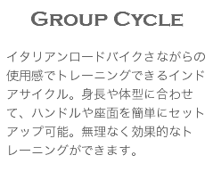 Group Cycle イタリアンロードバイクさながらの使用感でトレーニングできるインドアサイクル。身長や体型に合わせて、ハンドルや座面を簡単にセットアップ可能。無理なく効果的なトレーニングができます。