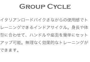 Group Cycle イタリアンロードバイクさながらの使用感でトレーニングできるインドアサイクル。身長や体型に合わせて、ハンドルや座面を簡単にセットアップ可能。無理なく効果的なトレーニングができます。